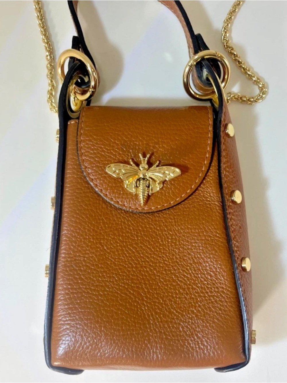 Borse in Pelle Brown Camel Tan Pebbled Italy Leather Bee Crossbody Bag Handbag